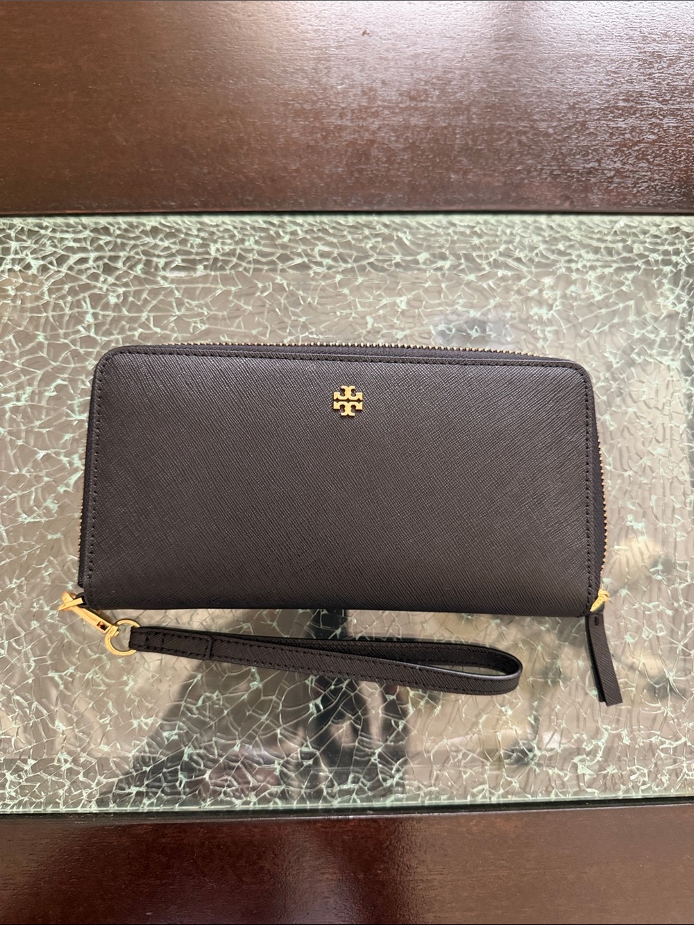 Tory Burch Black Saffiano Zip Wristlet with Gold Logo